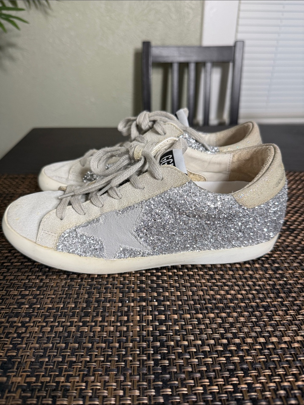 Golden Goose Super-Star Sneakers with Silver Glitter Heel and Beige Suede - Picture 2 of 12